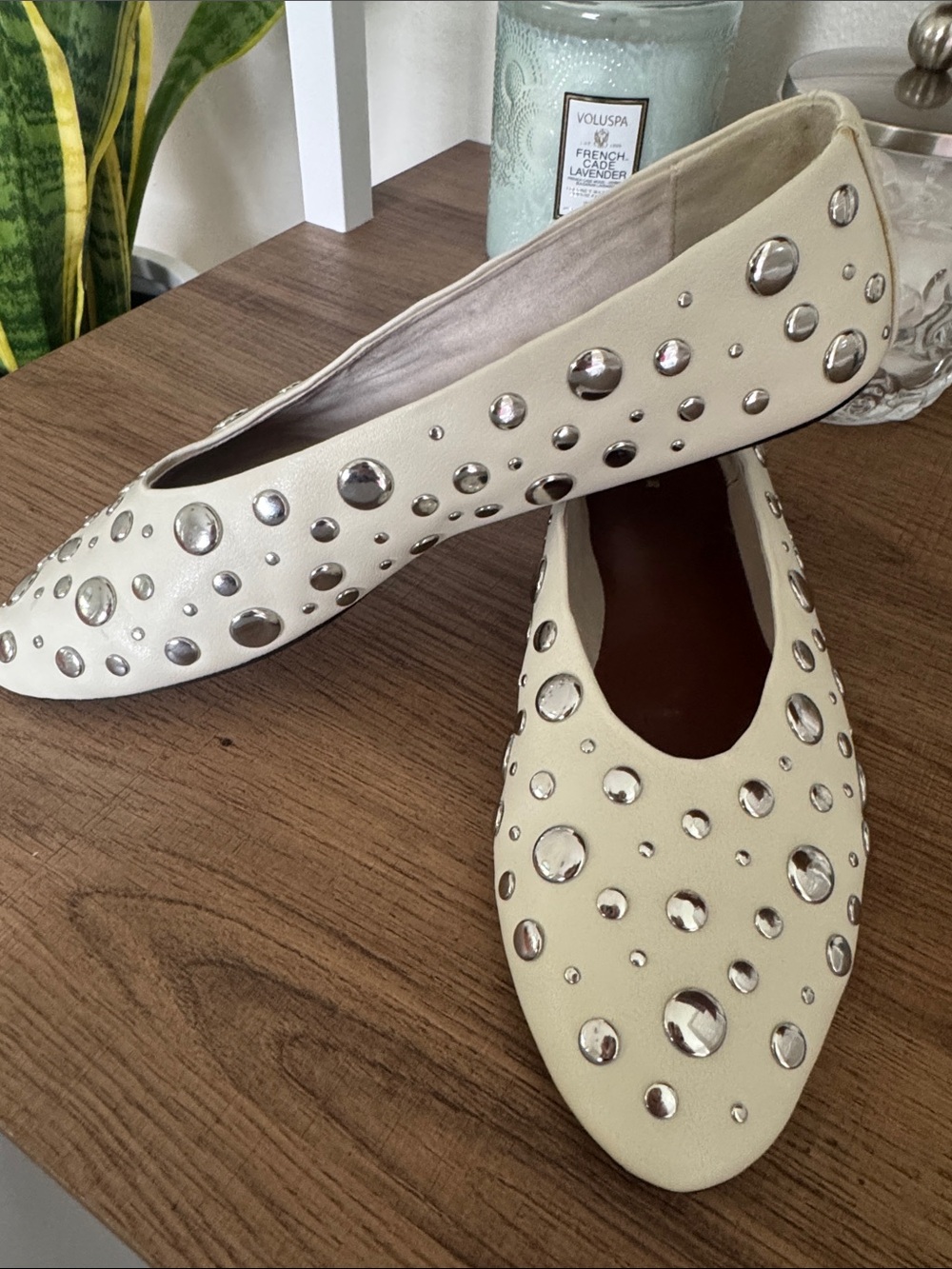 Women’s Zara Ivory color flats with silver stud detail